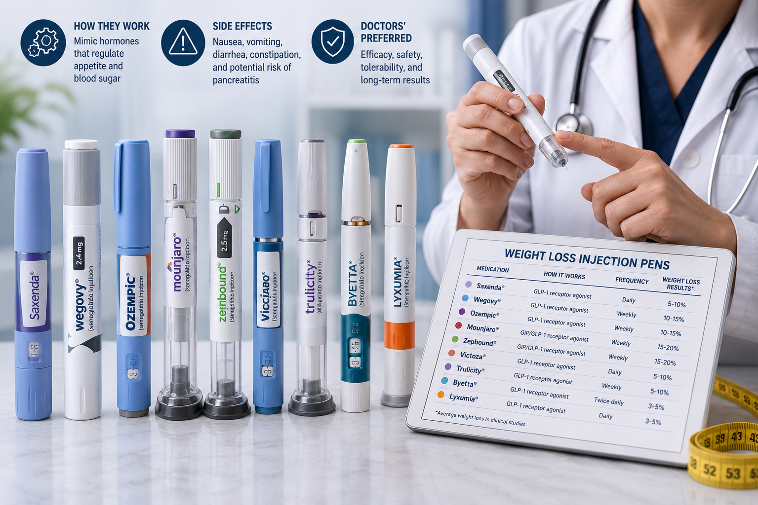 9 Weight Loss Injections Compared Side by Side: Mechanism, Results, Side Effects, and Who Each One Is Best For